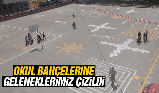 Okul bahçelerine geleneksel oyunlar çizildi